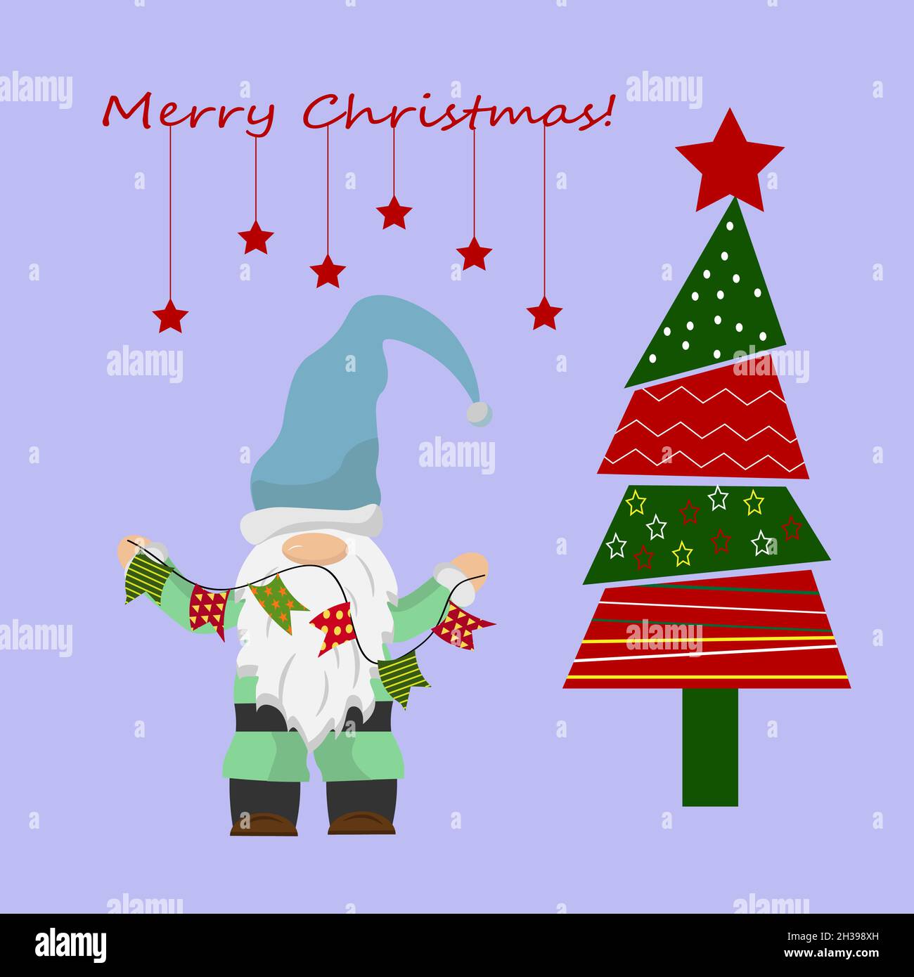 Postkartenvorlage mit kleinem Gnom und weihnachtsbaum. Festliche Weihnachtsdarstellung. Stock Vektor