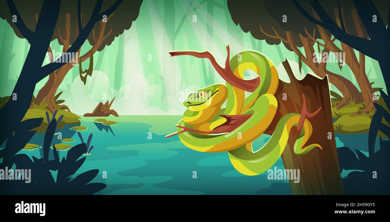 Exotische tropische Schlange auf Baum im Dschungel mit Teich. Vektor-Cartoon-Illustration der Regenwald-Landschaft mit Fluss oder Sumpf mit Seerose und Trimeresurus Salazar, grüne und gelbe Schlange Stock Vektor