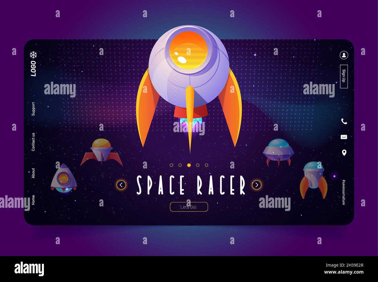 Space Racer Spiel Cartoon Landing Page mit außerirdischen Raumschiffen, Raketen, ufo, Fantasy-Shuttles. Computer-Shooter, Galaxie Kampf Videospiel mit kosmischen lustigen Raumschiffen Vektor Web-Banner Grafik-Design Stock Vektor