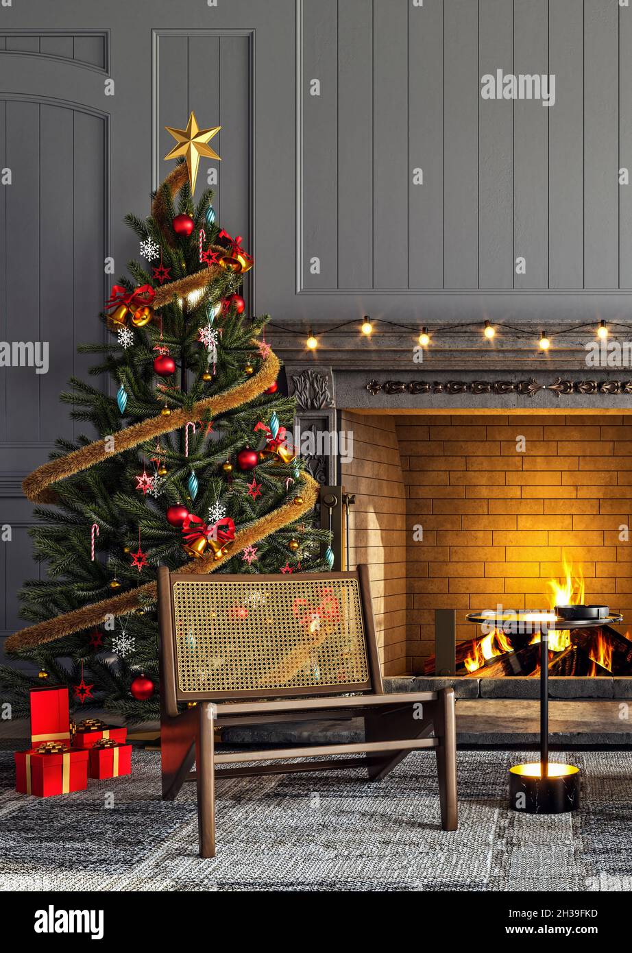 Modell eines Wohnzimmers mit Kamin, Weihnachtsbaum und Geschenken, 3d-Rendering, 3d-Illustration Stockfoto