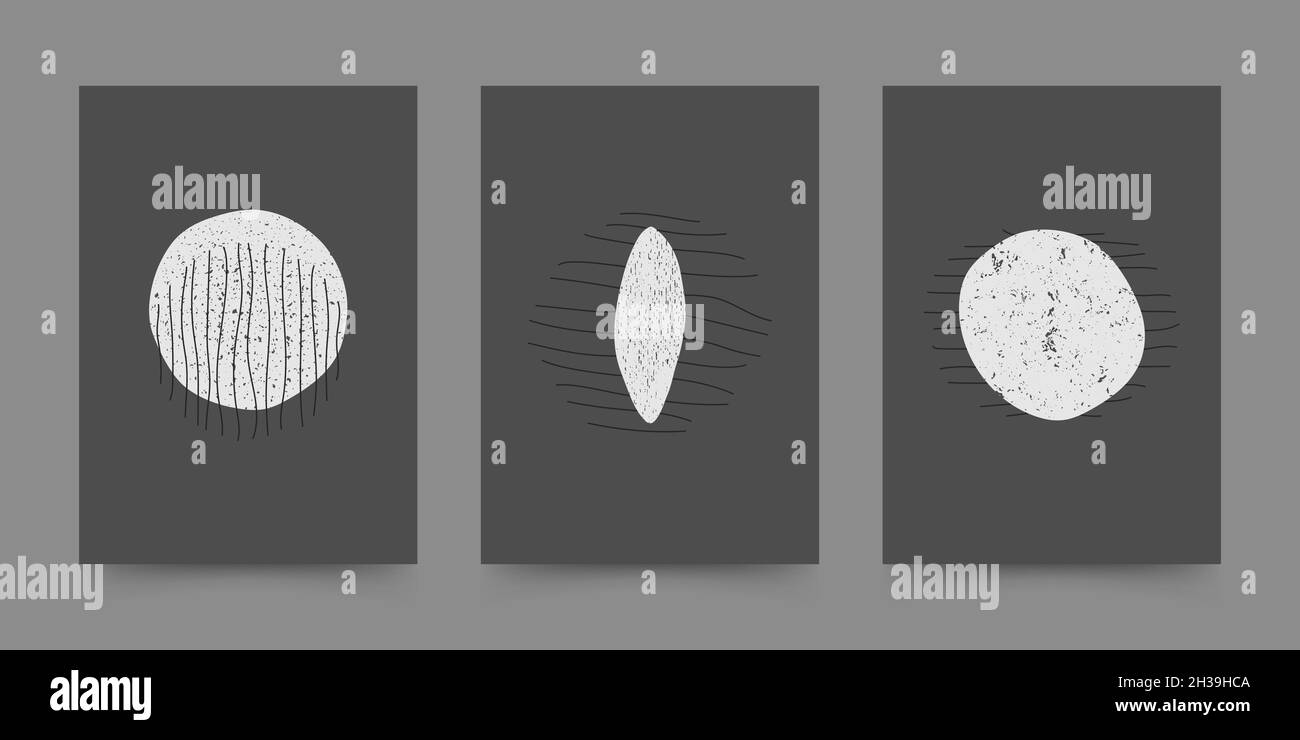 Abstraktes, geometrisches handgezeichnetes Set mit Grunge-Struktur im Stil der Mitte des Jahrhunderts. Boho Design für Wanddekoration, Poster, Print, Cover, Tapete. Minimal Stock Vektor
