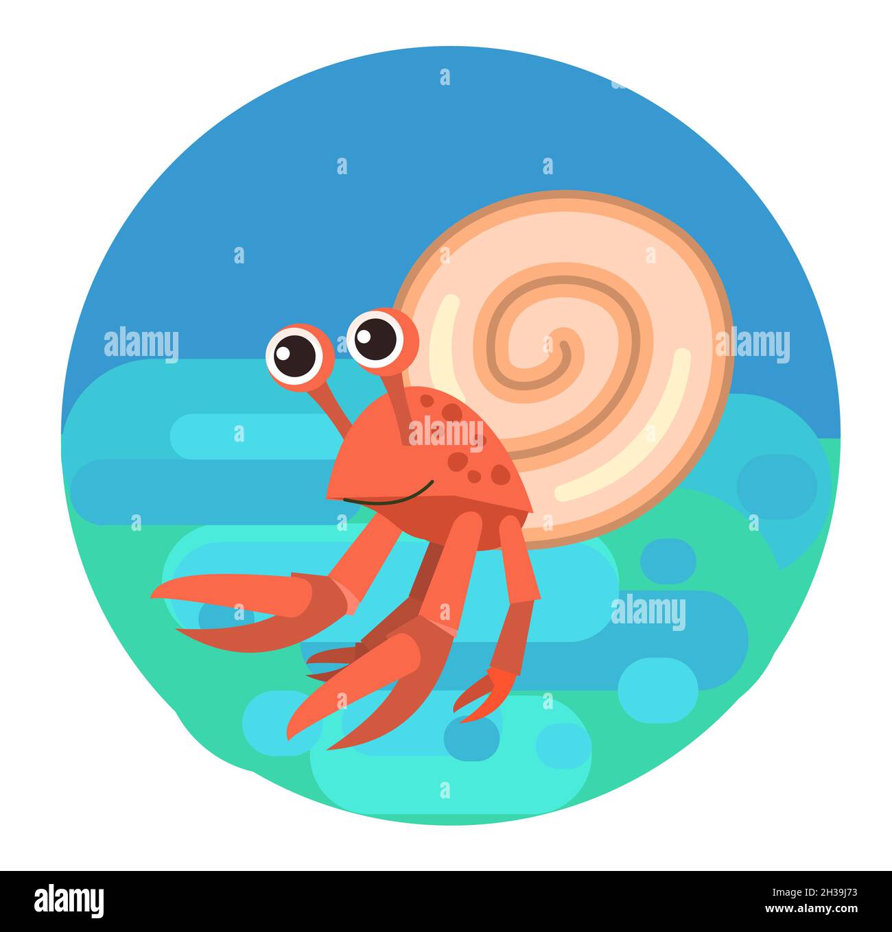 Krebs in der Senke. Kleine Landschaft. Unterwasserwelt. Wilde Tiere. Meer, Meer. Sommerwasser. Isoliert auf weißem Hintergrund. Illustration im Cartoon-Stil Stock Vektor