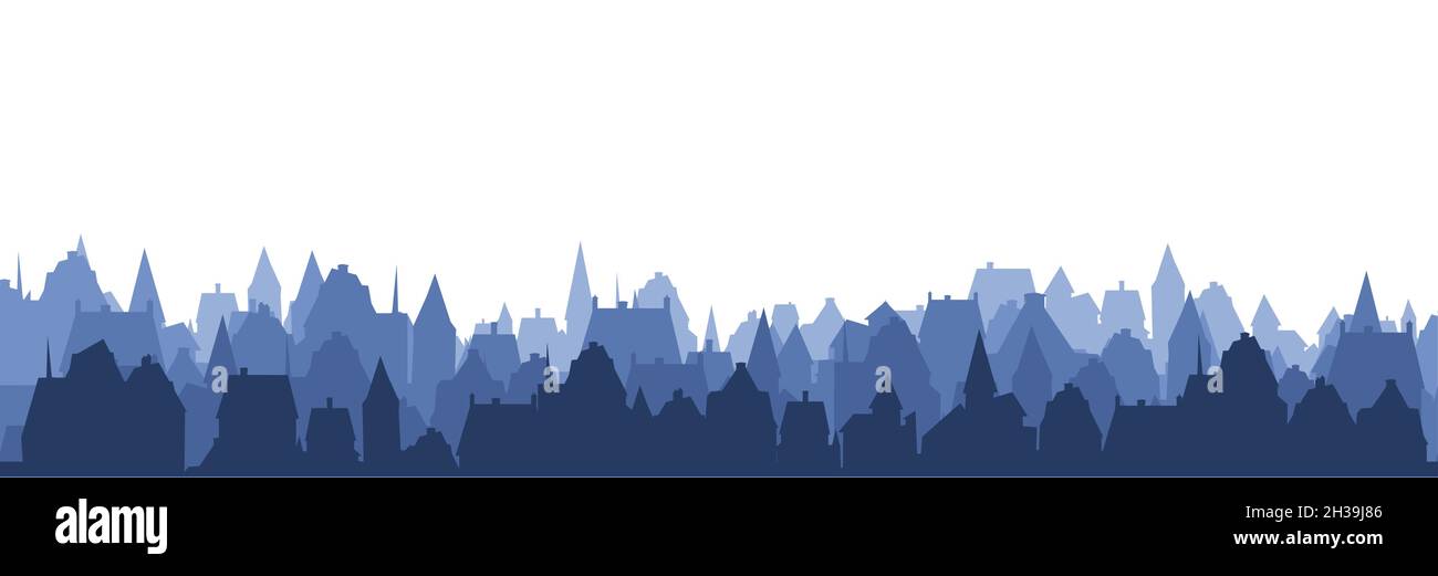 Kleine Stadt Straßen Silhouette. Dächer von Häusern. Landschaft auf dem Land. Flacher Cartoon-Stil. Nahtlose Illustration. Isoliert auf weißem Hintergrund. Vektorgrafiken Stock Vektor