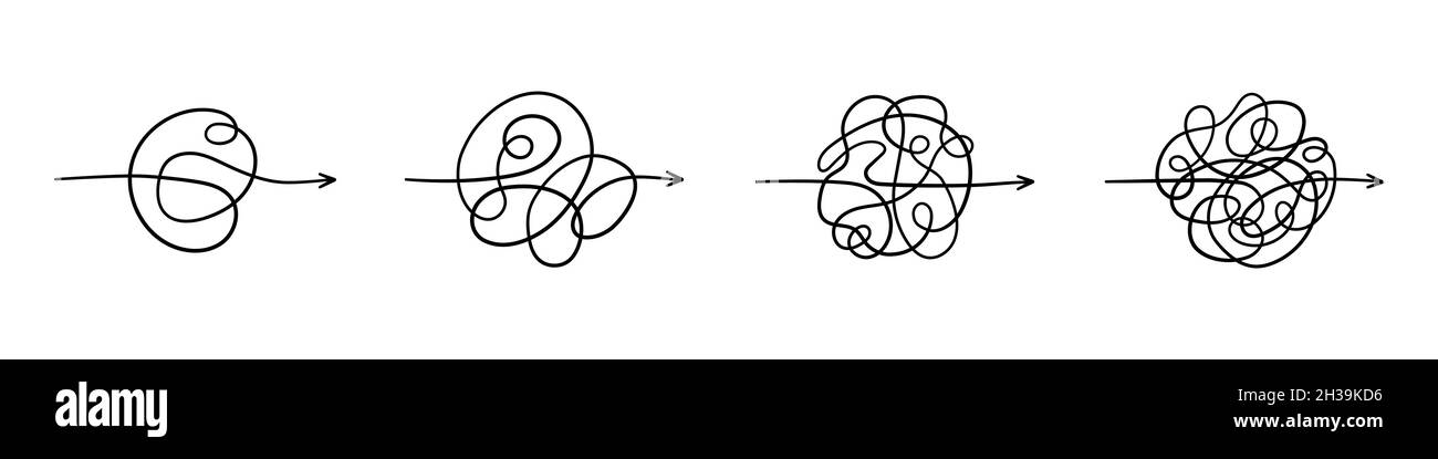 Vereinfachung des Prozesses. Chaospfad. Unterschiedliche Komplexität des Geschäftsprozesses. Chaos Linien mit Pfeilen. Handgezeichnete Doodle-Vektor-Illustration isoliert Stock Vektor