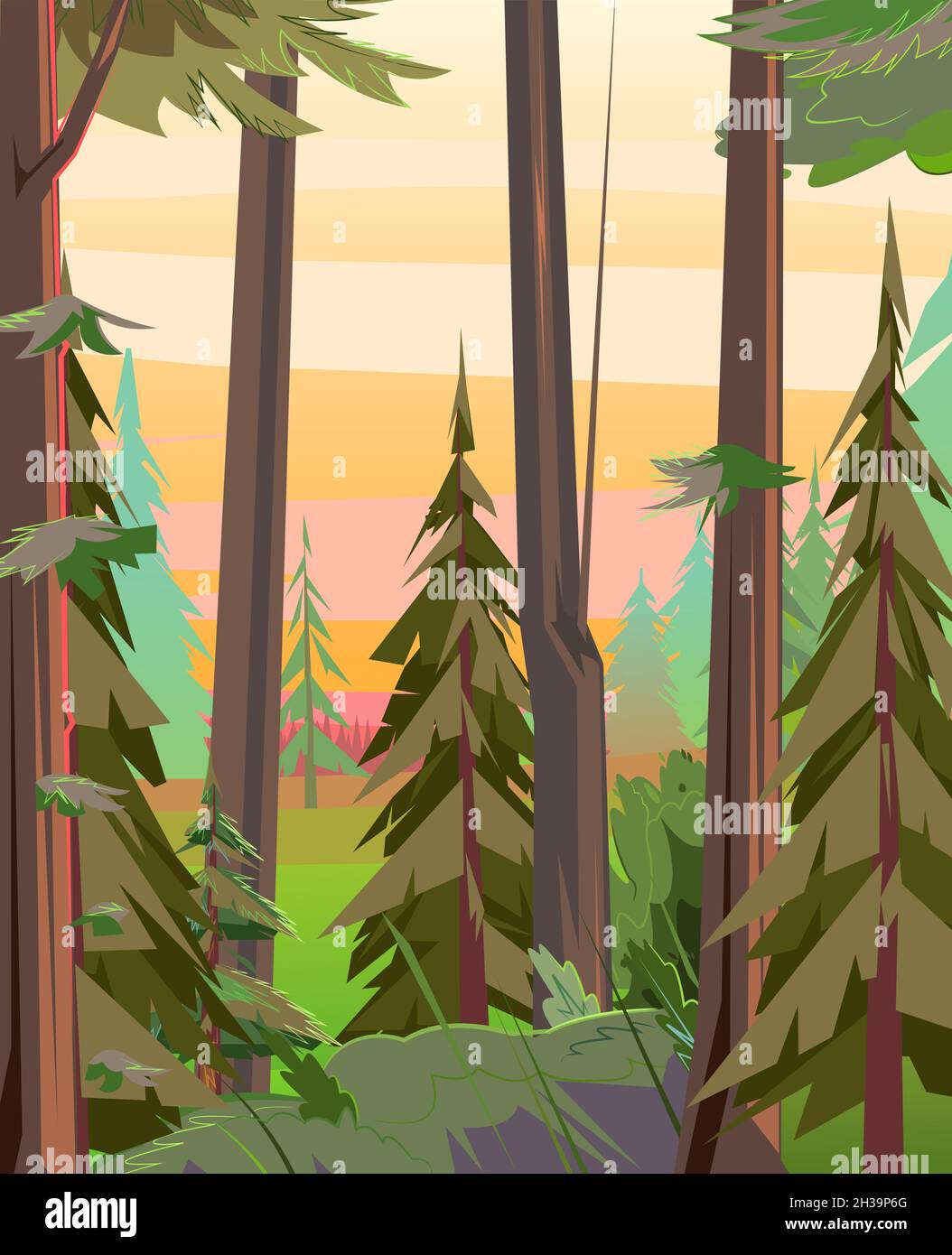 Abends im Wald. Morgen ländliche Landschaft mit Bäumen. Illustration im Cartoon-Stil flache Design. Vektor Stock Vektor
