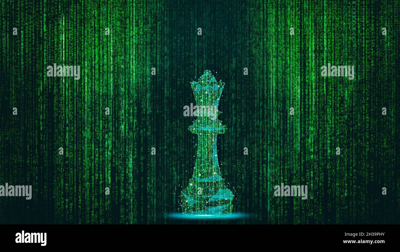 Queen Stück Schach hinter digitalen Daten. Entwicklung der globalen Netzwerkverbindung. Investor mit Wirtschaft Datenaustausch von Unternehmen. Technologiemarkt Stockfoto