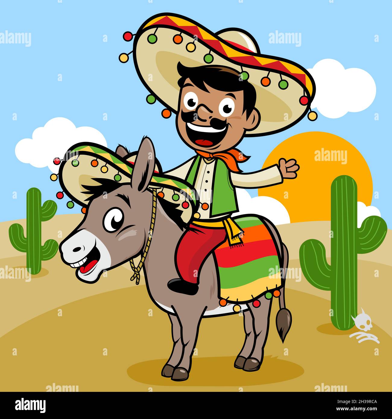 Cartoon mexikanischer Mann in traditioneller Tracht und Sombrero auf einem Esel in der Wüste. Stockfoto