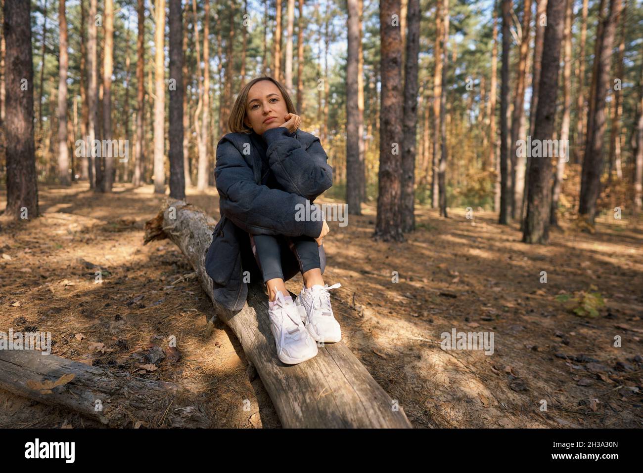 Mädchen, das im Herbst auf einem Baumstamm in einem Kiefernwald sitzt. Stockfoto