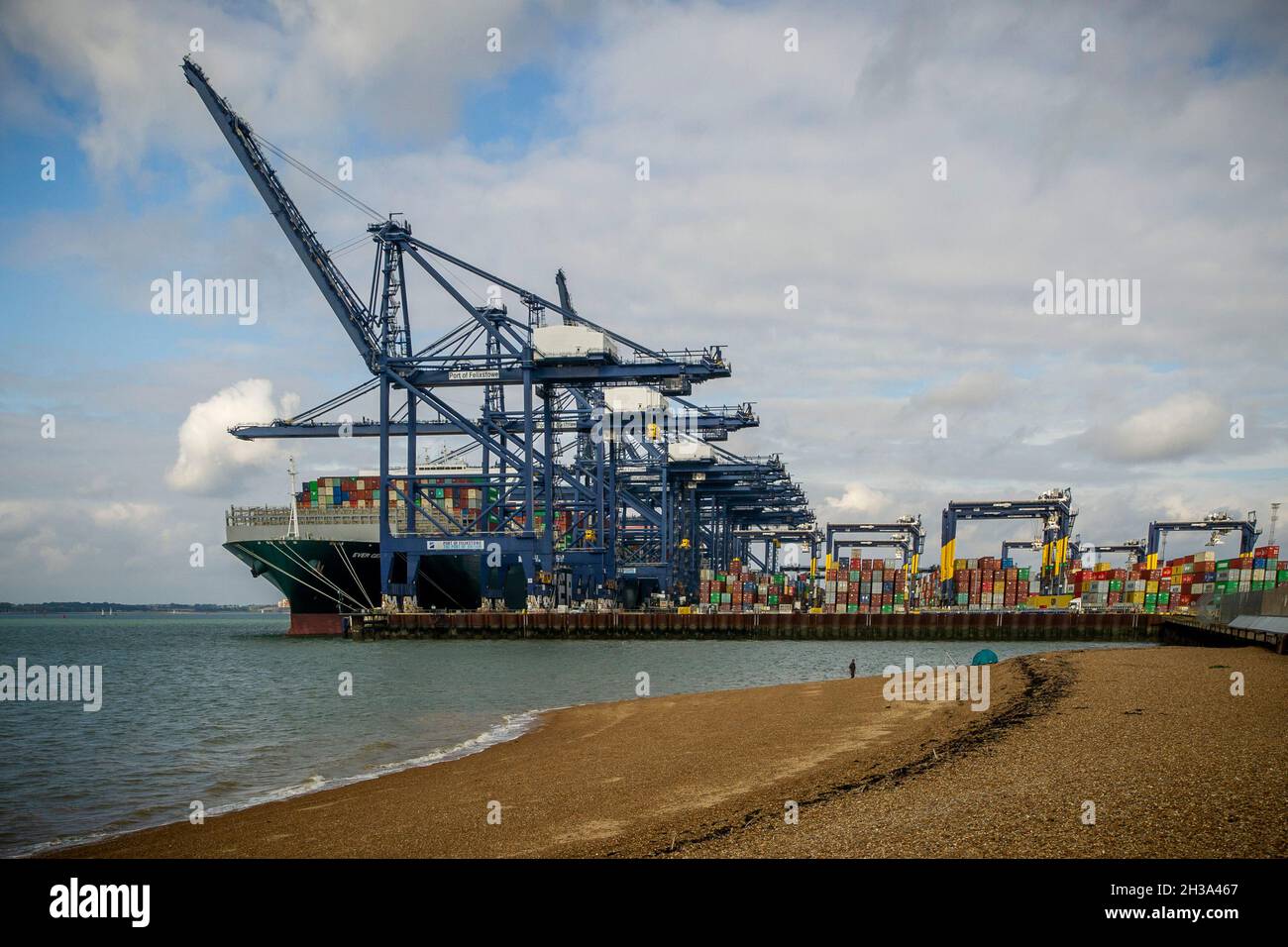 Immergrüner Behälter, der jemals im Felixstowe Container Port gegeben wurde, Suffolk Photography by Jason Bye t: 07966 173 930 e: mail@jasonbye.com w: www.jasonbye.com Stockfoto