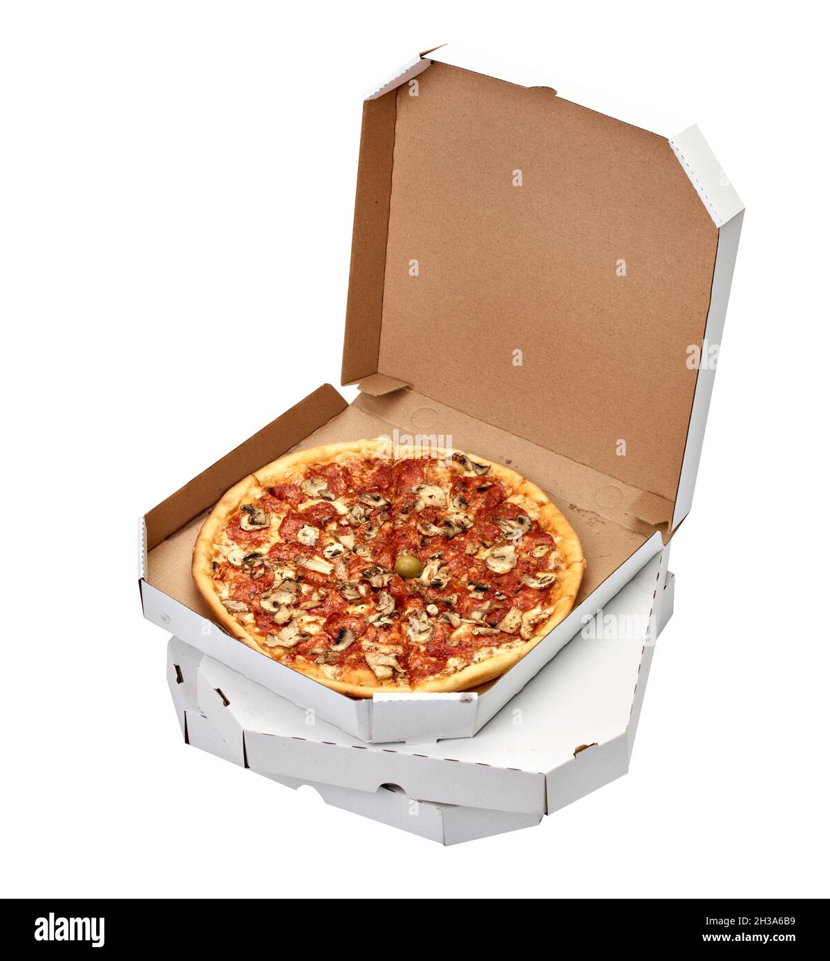 Pizzakarton Essen Karton Lieferung Paket Mahlzeit Abendessen Mittagessen Stockfoto