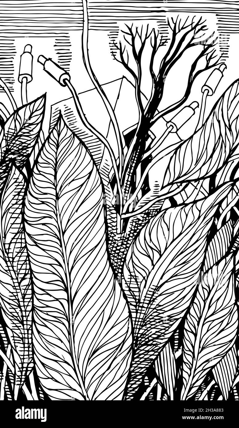 Konzeptionelle Illustration Zeichnung. Grafischer Kritzeln. Phantasie Kunst trendige handgezeichnete Texturen. Moderne abstrakte Kunst. Automatische Zeichnung.Drawing 6 2021 Stockfoto