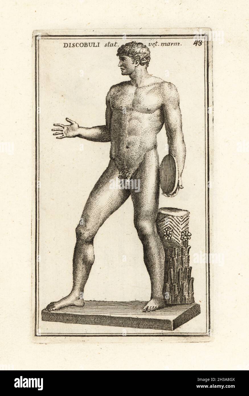 Statue des Discophoros, römische Kopie einer Bronzeskulptur des klassischen griechischen Bildhauers Polycritus. Discobuli statua vetus marmorea. Kupferstich von Giovanni Battista Cannetti aus Kupferstichen der schönsten antiken Statuen Roms, Calcografia di piu Belle Statue antiche a Roma, gestochen von Cannetti all'Arco della Ciambella, herausgegeben von Gaetano Quojani, Rom, 1779. Stockfoto