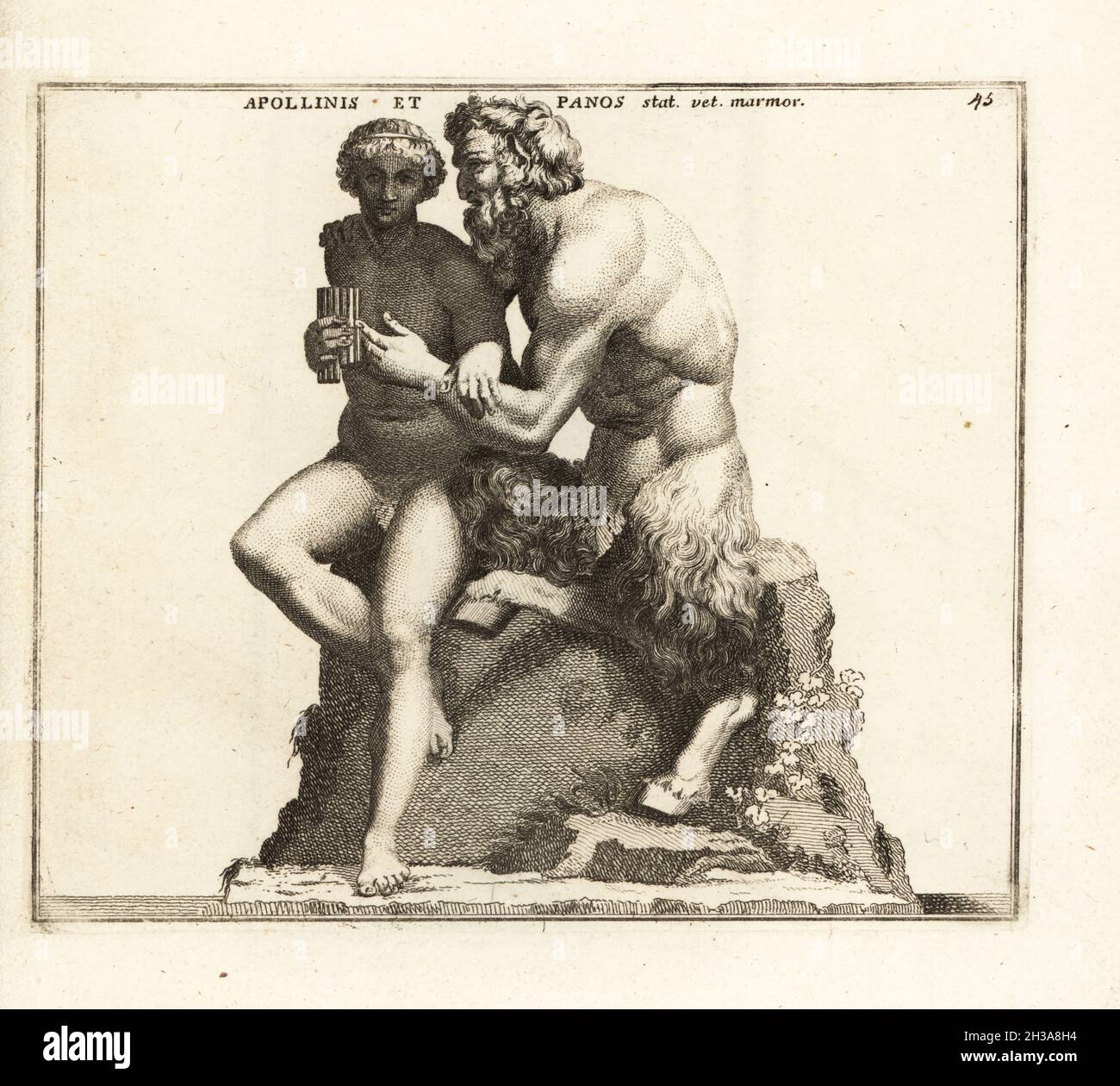 Statue des römischen gottes Pan und des Schäfers Daphnis. Auch als Pan und Apollo, Marsyas und Olympos, Satyr und Boy identifiziert. Aus der Farnese-Sammlung, jetzt im Nationalmuseum in Neapel. Apollinis et Panos statua vetus marmorea. Kupferstich von Giovanni Battista Cannetti aus Kupferstichen der schönsten antiken Statuen Roms, Calcografia di piu Belle Statue antiche a Roma, gestochen von Cannetti all'Arco della Ciambella, herausgegeben von Gaetano Quojani, Rom, 1779. Stockfoto