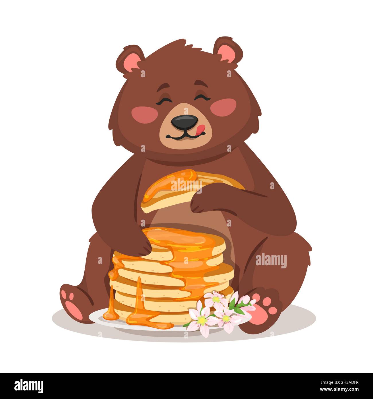 Cartoon Bär essen Pfannkuchen mit Ahornsirup. Stock Vektor