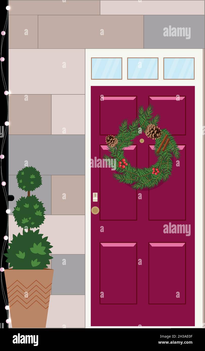 Die Eingangstür ist mit einem Weihnachtskranz geschmückt. Festliche Postkarte. Stock Vektor