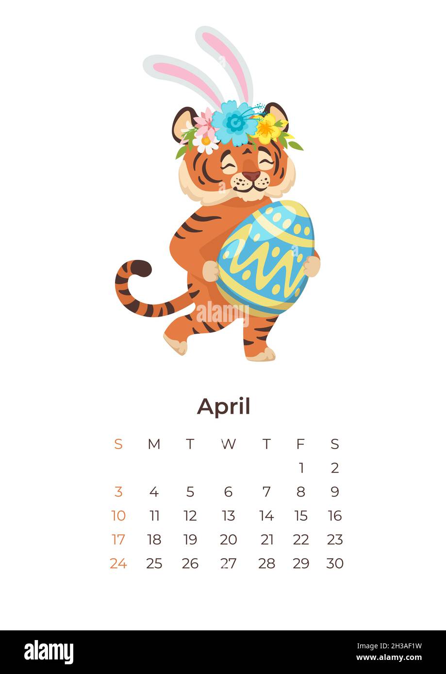 Cartoon Tiger April 2022 Kalender A4-Format Vorlage. Stock Vektor