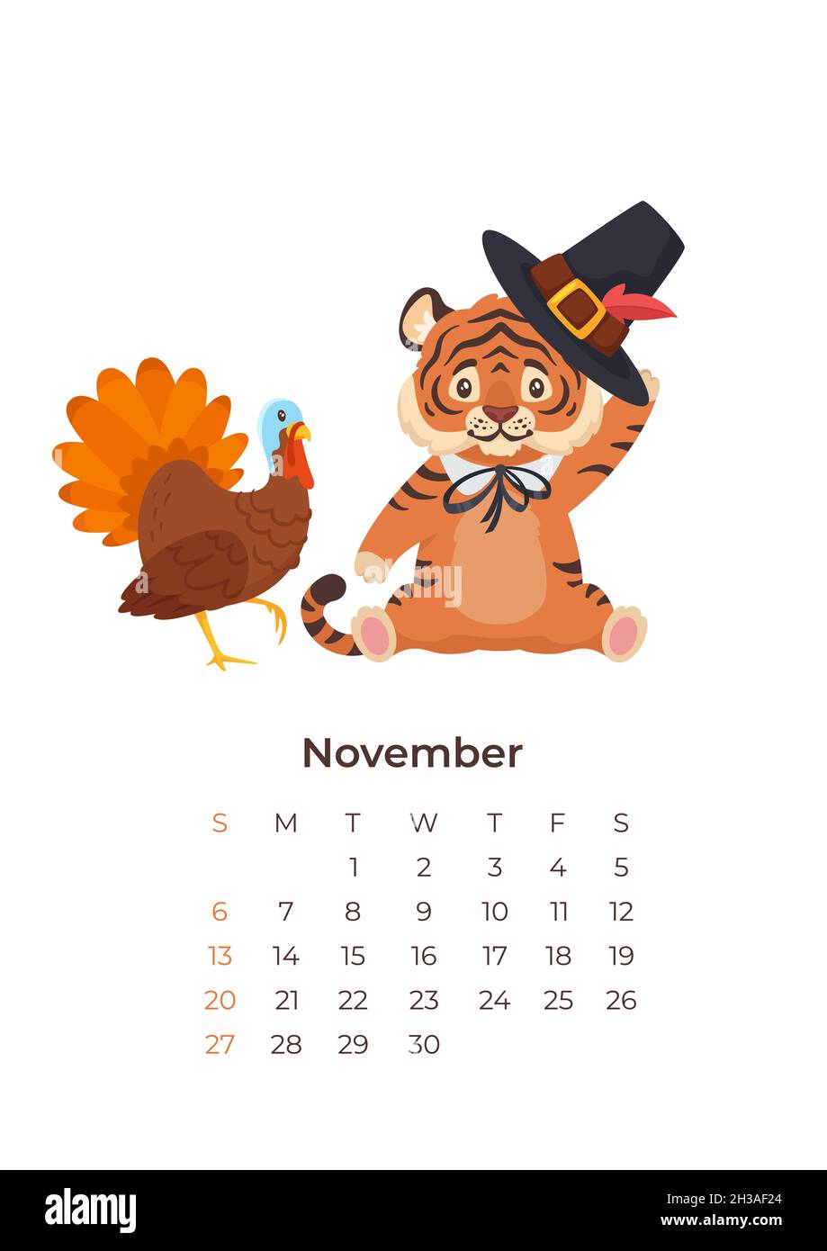 Cartoon Tiger November 2022 Kalender A4-Format Vorlage. Stock Vektor