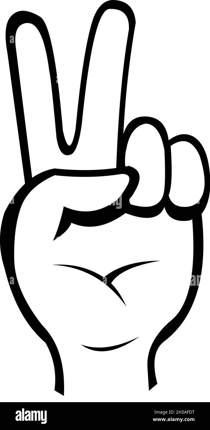 Vektor-Illustration einer Hand, die die klassische Geste der Liebe und des Friedens oder V Sieg, in schwarz und weiß gezeichnet Stock Vektor