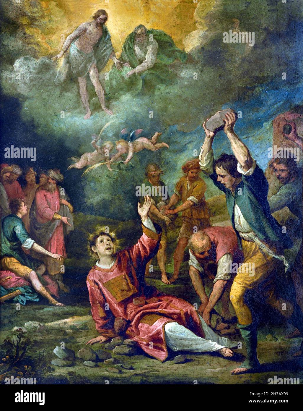 Martyrium des heiligen Stephanus von Giovanni Andrea De Ferrari (1598-1669), undatiert, Öl auf Kupfer Italien, Italienisch, Stockfoto