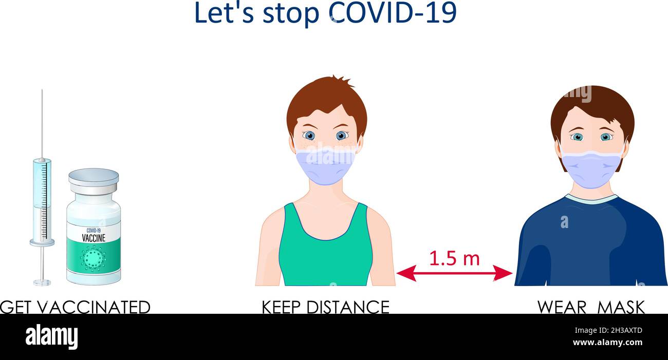 Stop covid-19. Impfstoffflasche und Spritzeninjektionswerkzeug. Abstand halten, geimpft werden, Gesichtsmaske tragen. Symbol für Tipps zur Prävention von Coronavirus-Erkrankungen Stock Vektor