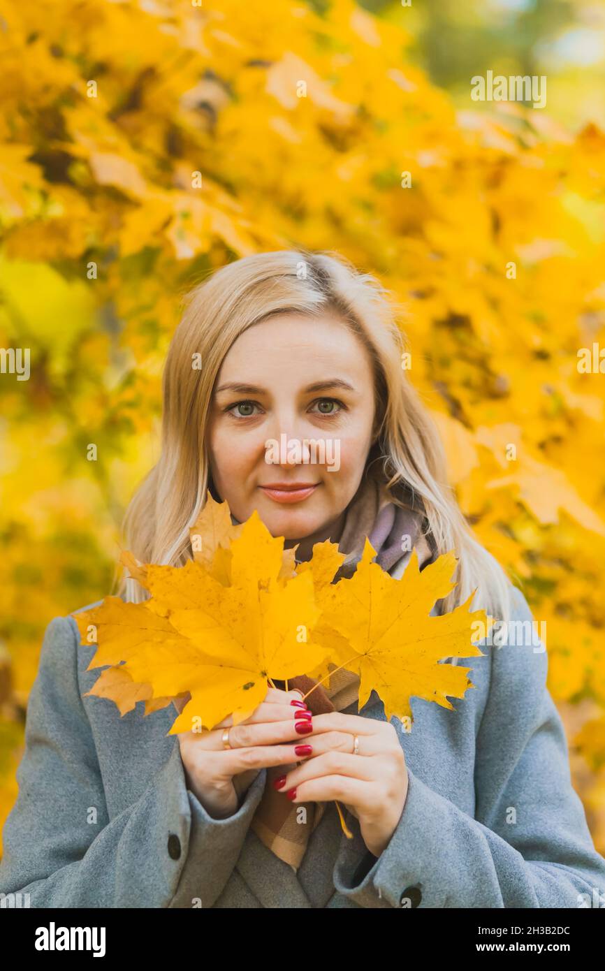Eine Frau hält in einem Park vor einem Hintergrund von Bäumen ahorngelbe Blätter in ihren Händen und blickt in die Kamera. Authentische 40-jährige Frau Stockfoto