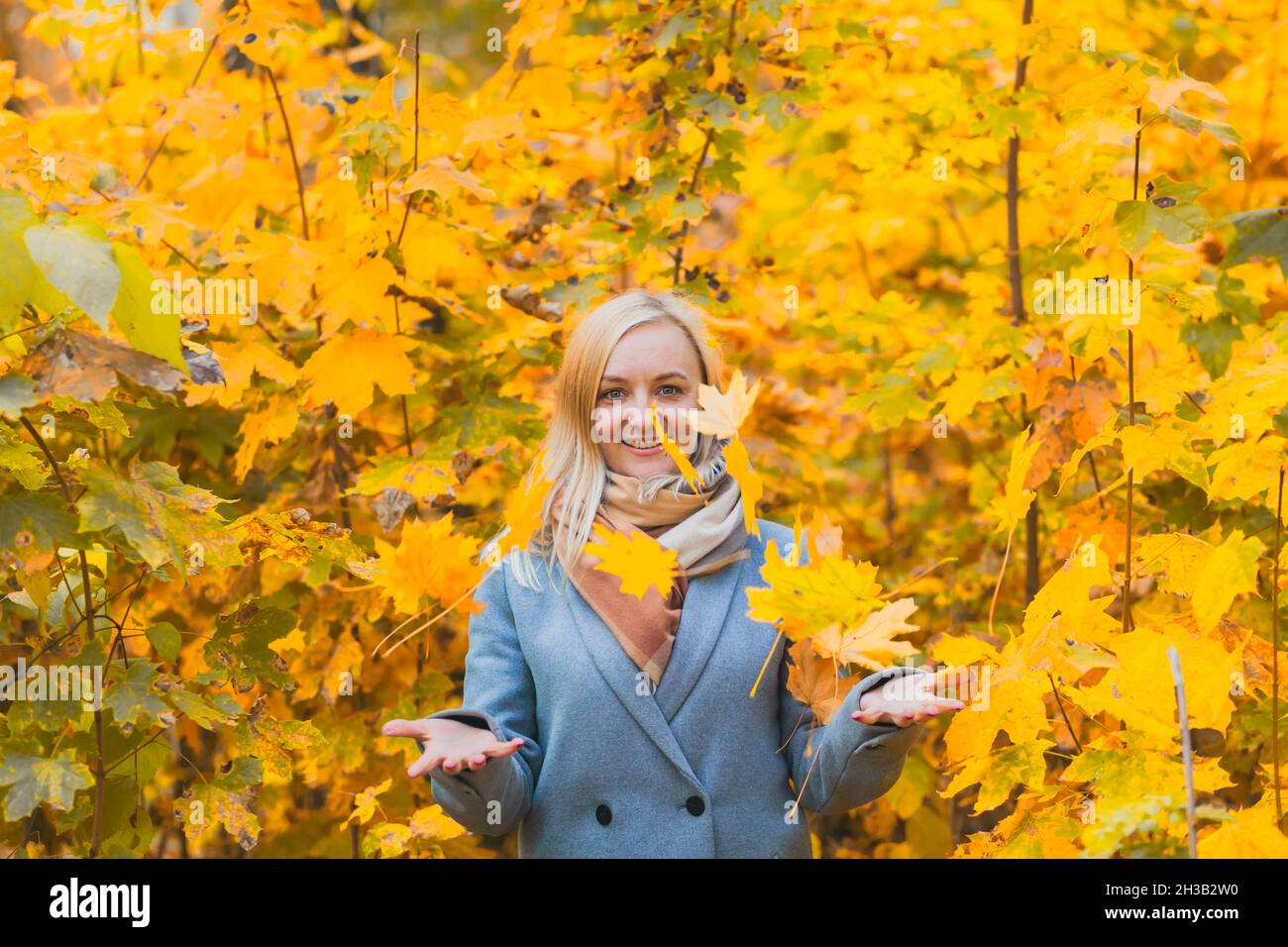 Eine lächelnde Frau warf einen Haufen Blätter in einem Park vor einem Hintergrund von Bäumen. Authentische 40-jährige Frau ohne Retusche Stockfoto