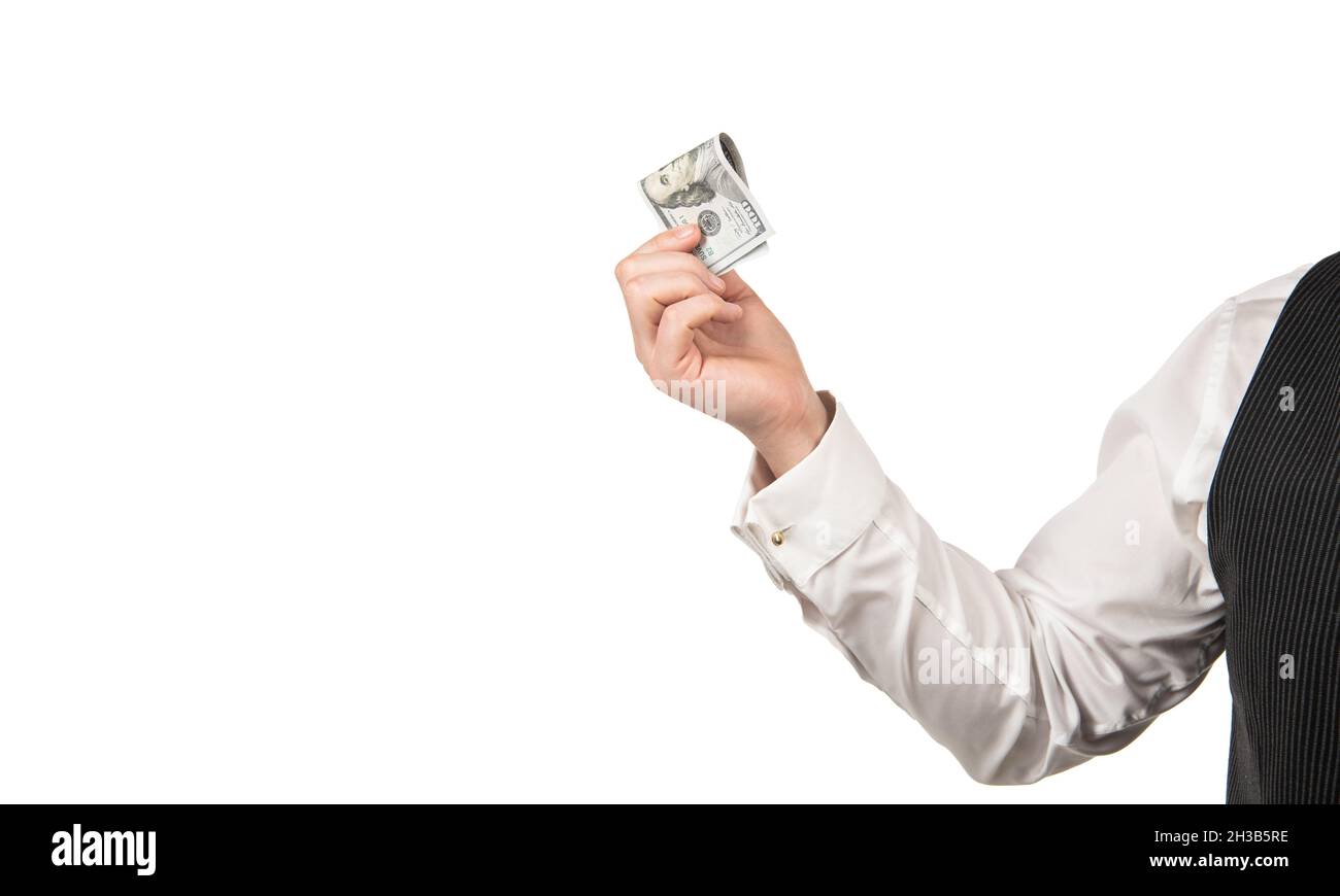 Hundert Dollar Bargeld in der Hand des Mannes isoliert auf weißem Hintergrund, Zahltag Stockfoto
