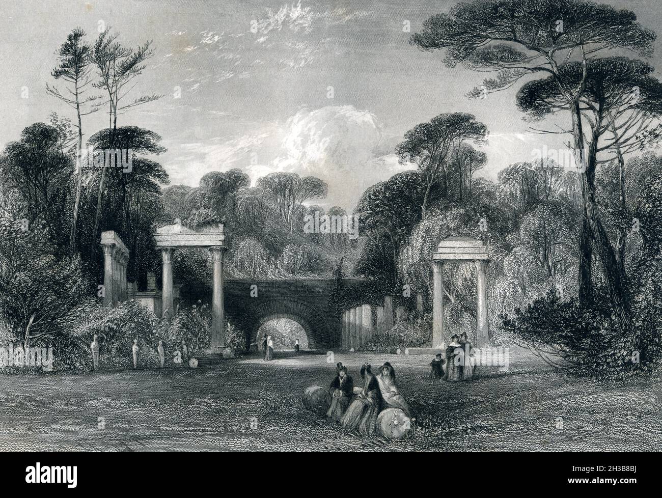 Ruinen im Virginia Water im Windsor Great Park, romantische Landschaftsmalerei aus dem 19. Jahrhundert Stockfoto