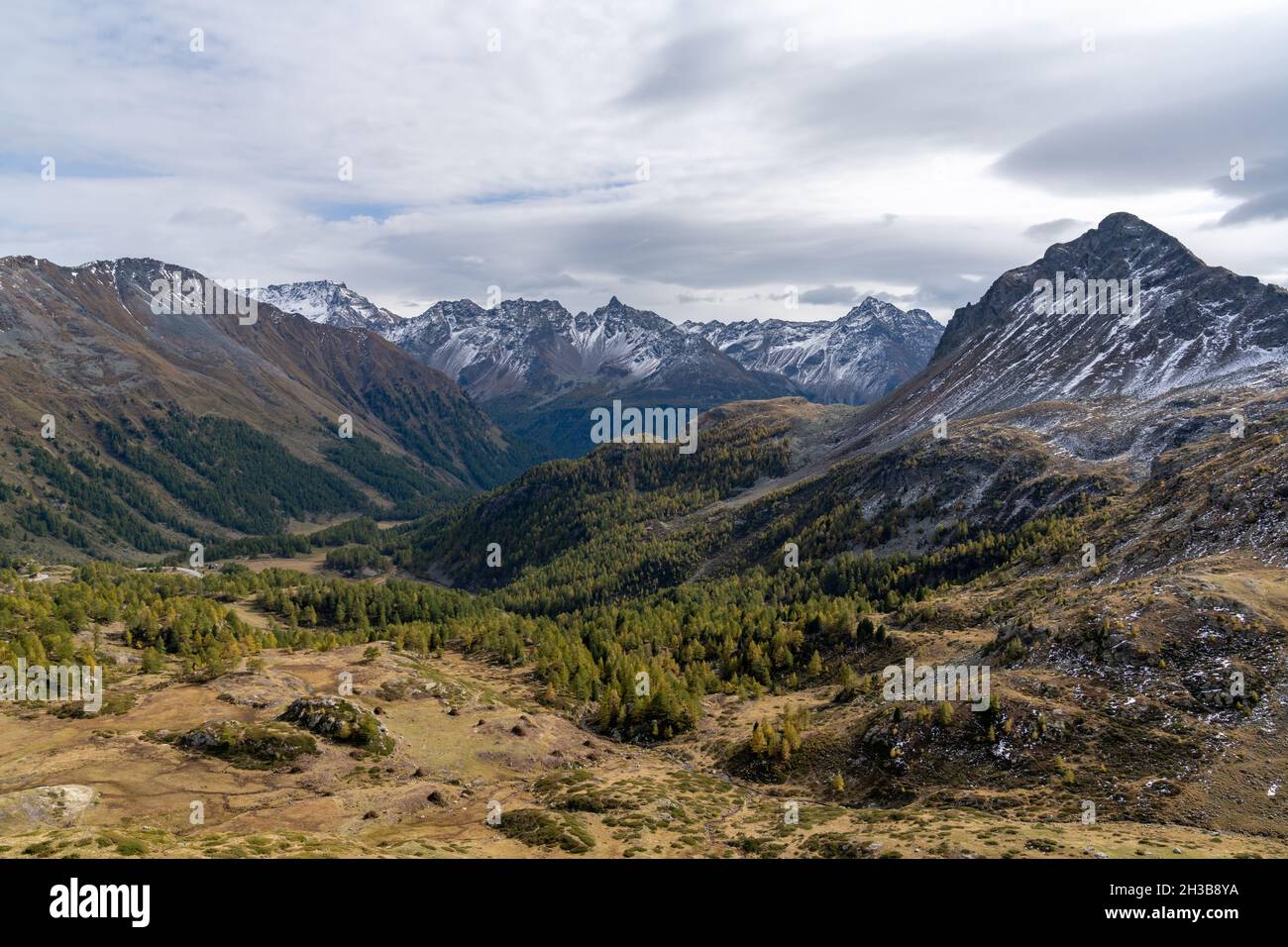 Ein Landschaftsblick auf das Val Poschiavo und die südlichen Schweizer Alpen im späten autun mit erstem Schnee auf den Gipfeln Stockfoto