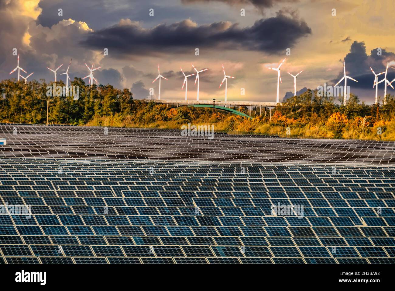 Solar Feld und Windkraftanlagen im Solar Valley .Standort vieler Solarfirmen wie Q-Cells Sovello bei Bitterfeld-Wolfen in Sachsen-Anhalt, Deutschland Stockfoto