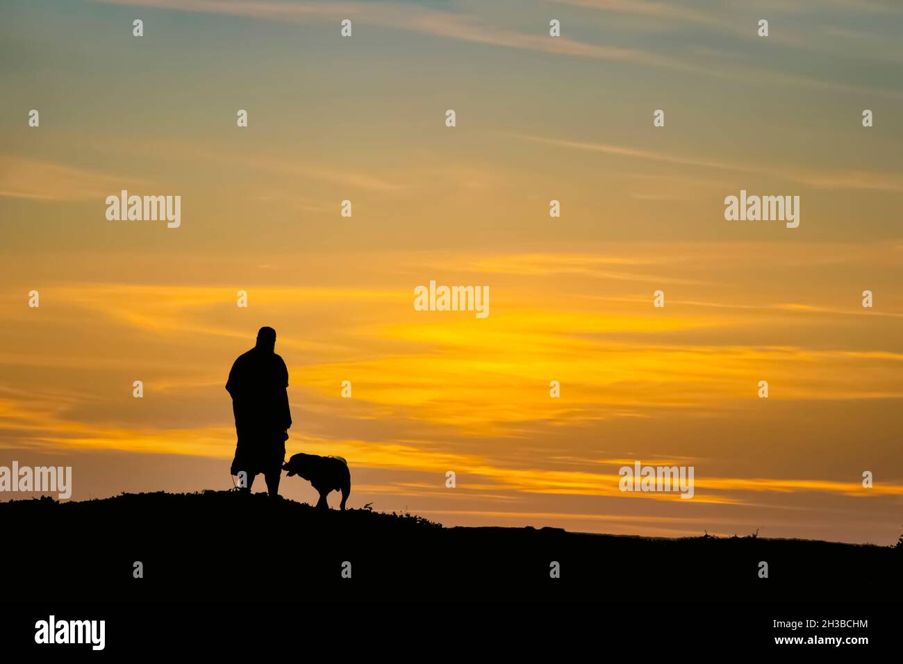 Schwarz-weiße Silhouette von Mann und Hund bei Sonnenuntergang auf der Hügelkuppe - Platz für Text Stockfoto