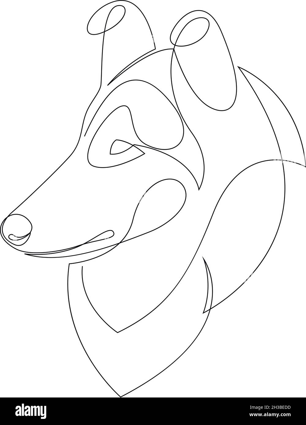 Linie Zeichnung Rough Collie Dog Tattoo. Vektorgrafik. Kostenlose einzeilige Kunst der Langhaar-Hunderassen. Fortlaufende Umrisszeichnung des Hundes. Haustiere ein l Stock Vektor