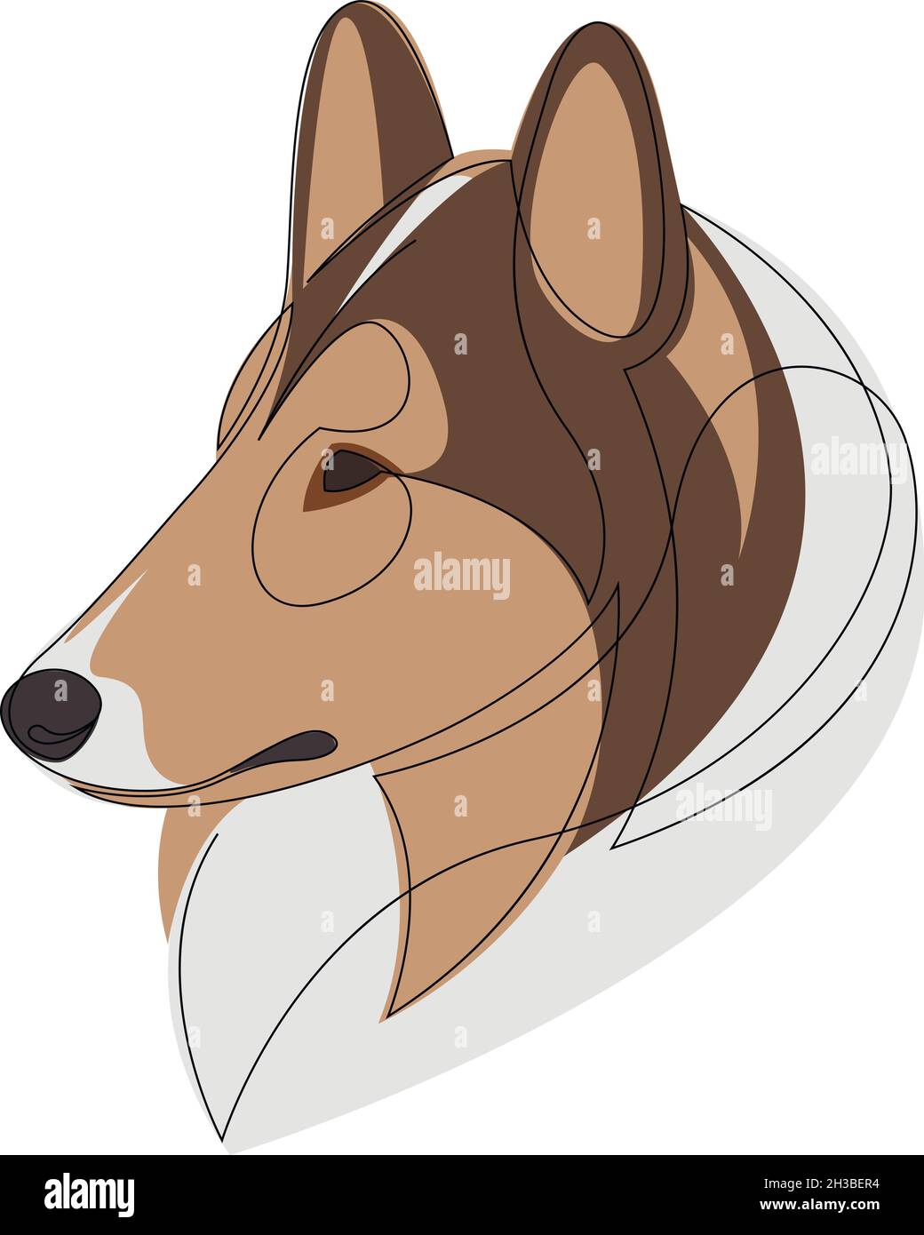 Linie Zeichnung Rough Collie Dog Tattoo. Vektorgrafik. Kostenlose einzeilige Kunst der Langhaar-Hunderassen. Fortlaufende Umrisszeichnung des Hundes. Haustiere ein l Stock Vektor