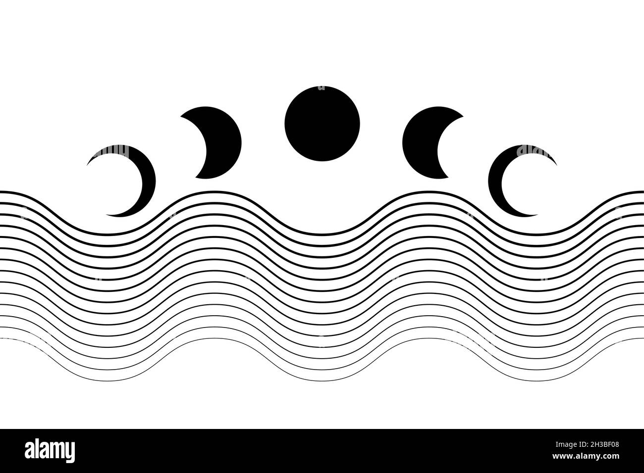 Mondphasen, geometrische Wellen, abstrakter zeitgenössischer ästhetischer Hintergrund. Schwarze Tattoo-Farbe. Boho-Wanddekoration mit modernen minimalistischen Kunstdrucken. Organisch Stock Vektor