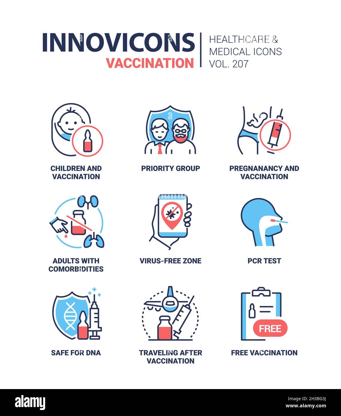 Impfungen - modernes Liniendesign Stil Ikonen gesetzt. Eine ordentliche Zusammenstellung von mehreren roten und blauen Bildern. Komorbiditäten, Prioritätsgruppe, Virus, Risiko, hea Stock Vektor
