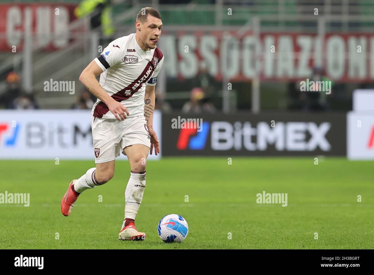 Mailand, Italien. Oktober 2021. Andrea Belotti vom FC Turin in Aktion während des Fußballspiels der Serie A 2021/22 zwischen AC Mailand und dem FC Turin im Giuseppe Meazza Stadium, Mailand, Italien am 26. Oktober 2021 Quelle: Independent Photo Agency/Alamy Live News Stockfoto