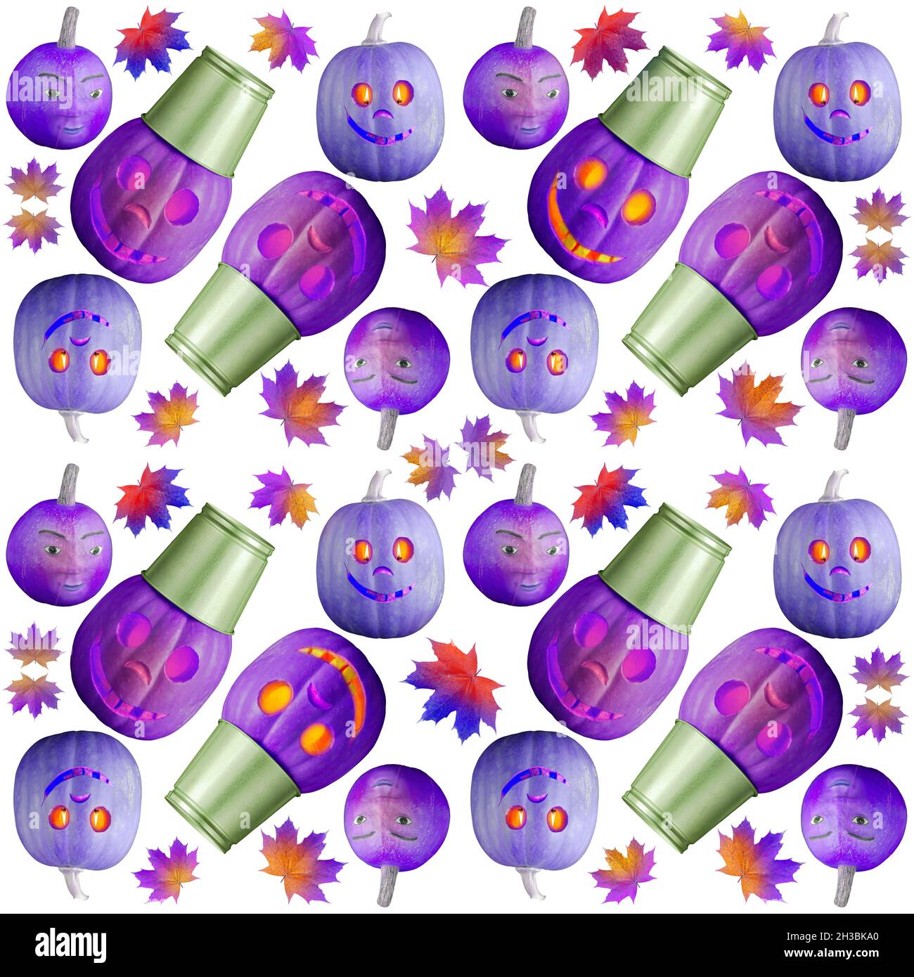 Nahtloses Halloween-Design mit lustigen Kürbissen und herbstlichen Ahornblättern auf weißem Hintergrund, teilweise violett getönt Stockfoto