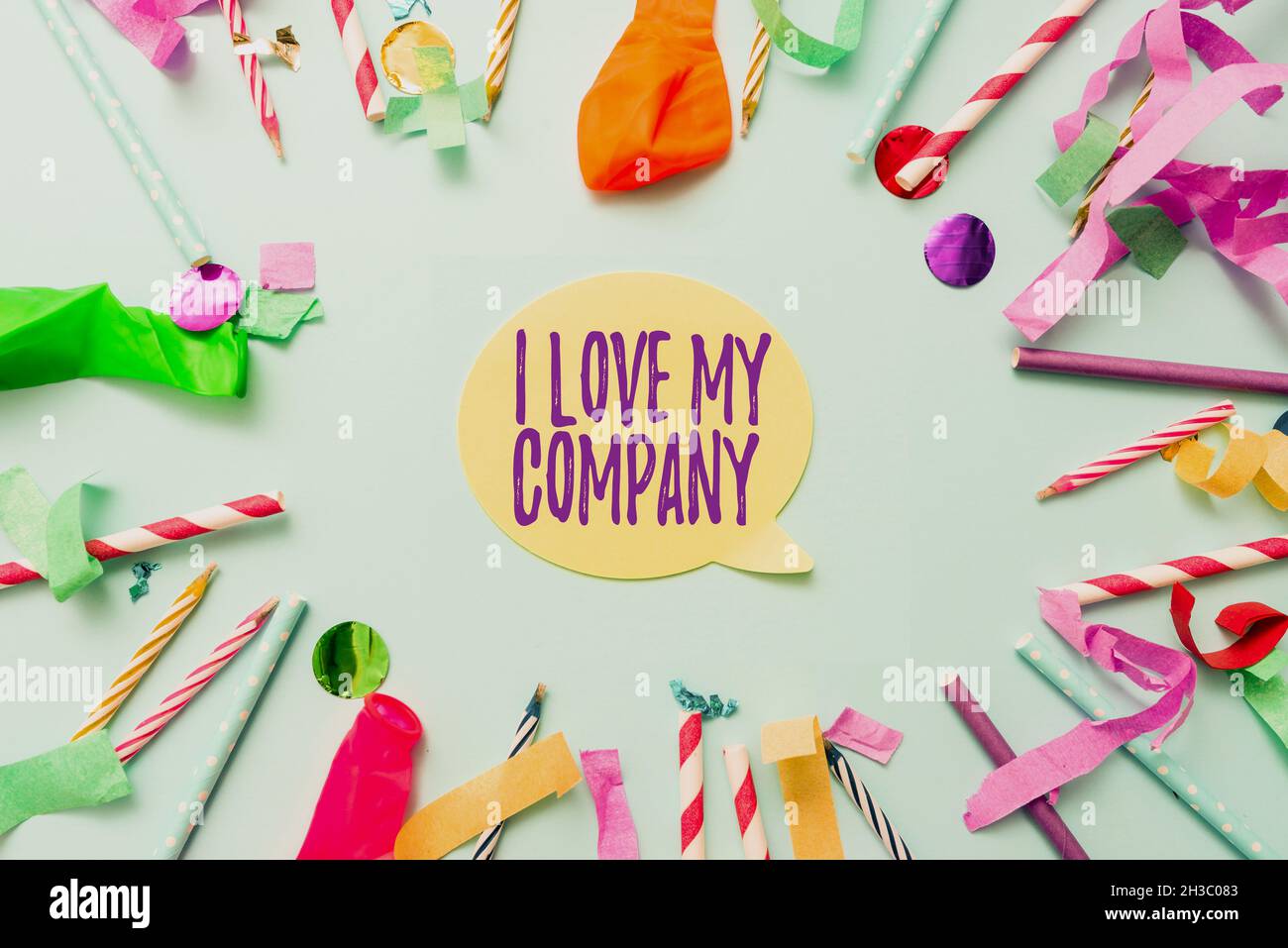 Textunterschrift mit I Love My Company. Wort geschrieben auf sagen, warum ihre Arbeit und Arbeitsplatz bewundern bunte Party Sammlungen auffällige Feier Zeug Stockfoto