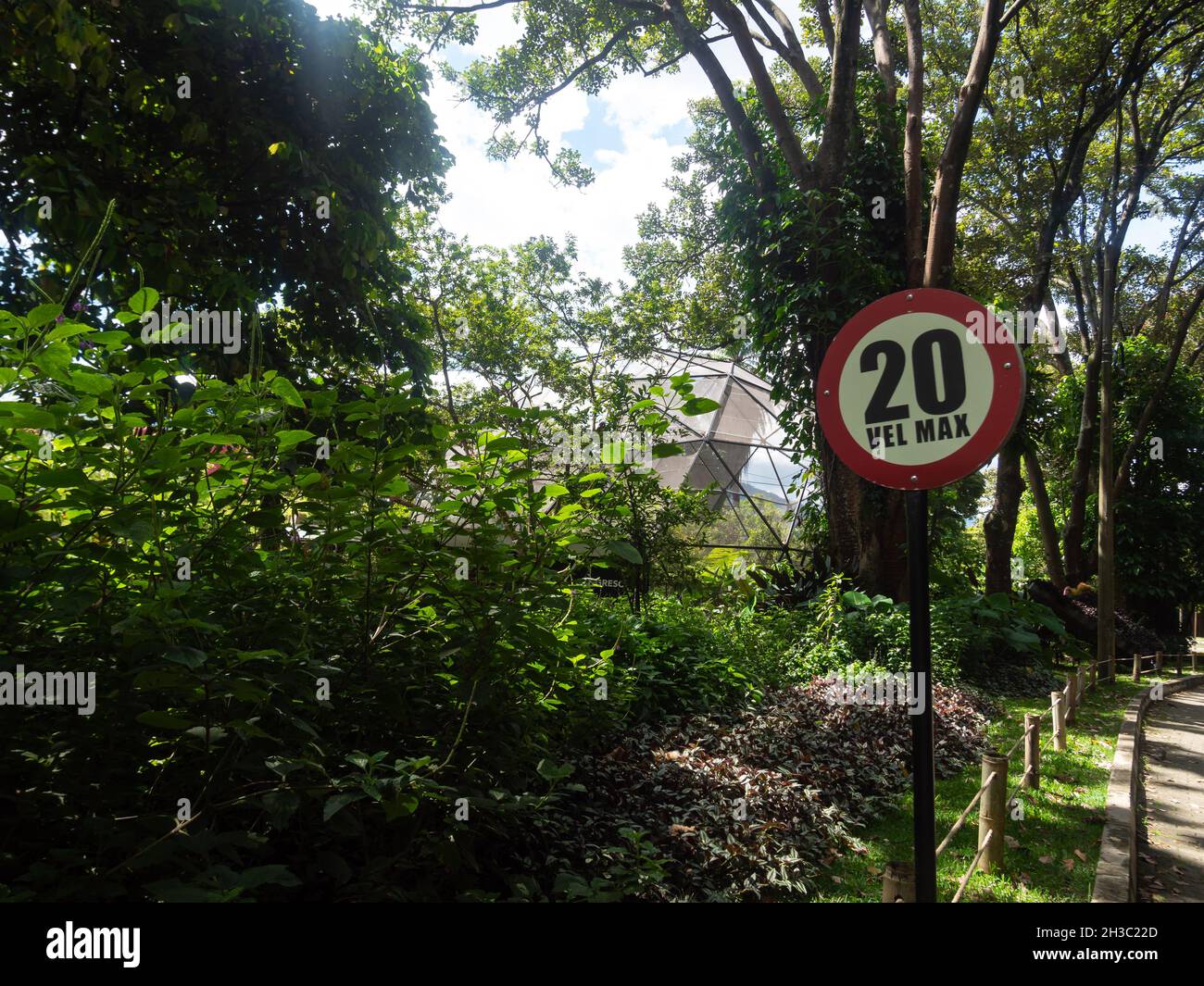 Schild Mit Der Aufschrift „20 Vel. Max' (20 km pro Stunde Höchstgeschwindigkeit) im grünen unberührten Botanischen Garten Stockfoto