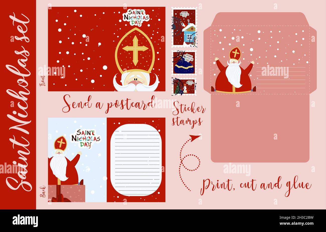 Basteln für Kinder. St. Nikolaus Set. Herzlichen Glückwunsch, Brief an St. Nikolaus. Christlicher Winterurlaub. Sinterklaas. Ein alter Mann. Stock Vektor