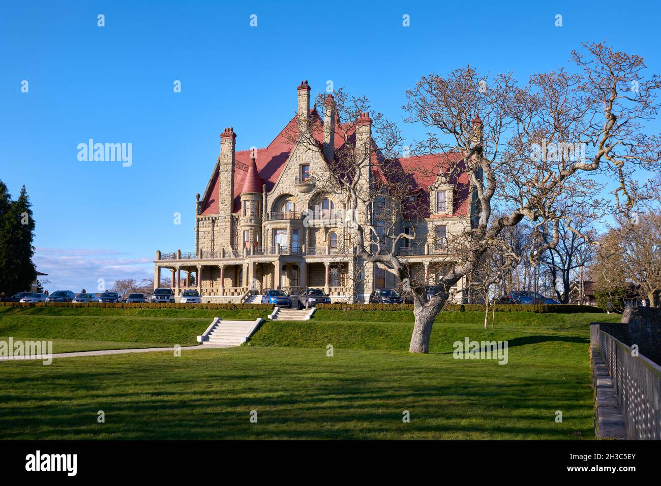 Victoria, British Columbia, Kanada – 3. März 2018. Craigdarroch Castle Victoria. Die historische, Stein, Craigdarroch Castle. Victoria, Vancouver Island Stockfoto