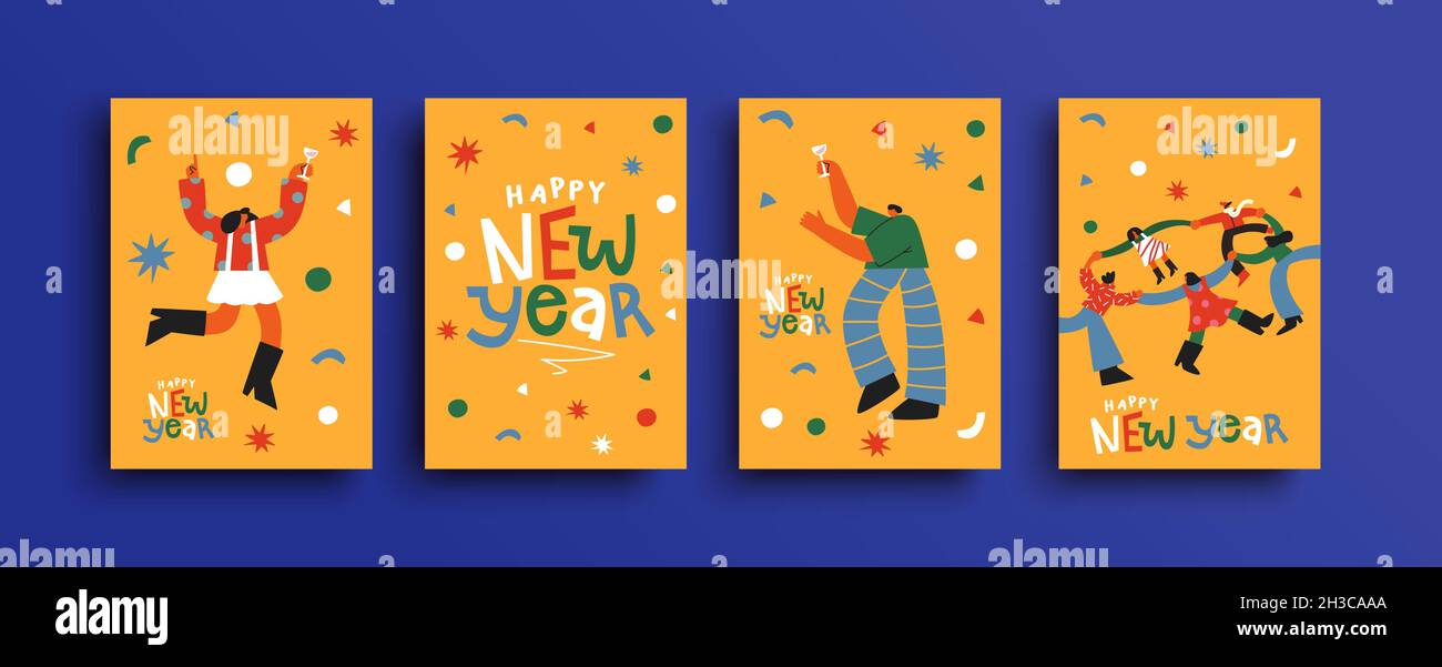 Frohes neues Jahr Grußkarte Illustration Set. Lustige flache Cartoon Menschen tun Party trinken Toast in Feiertagsfeier. Diverse Freunde tanzen zusammen Stock Vektor