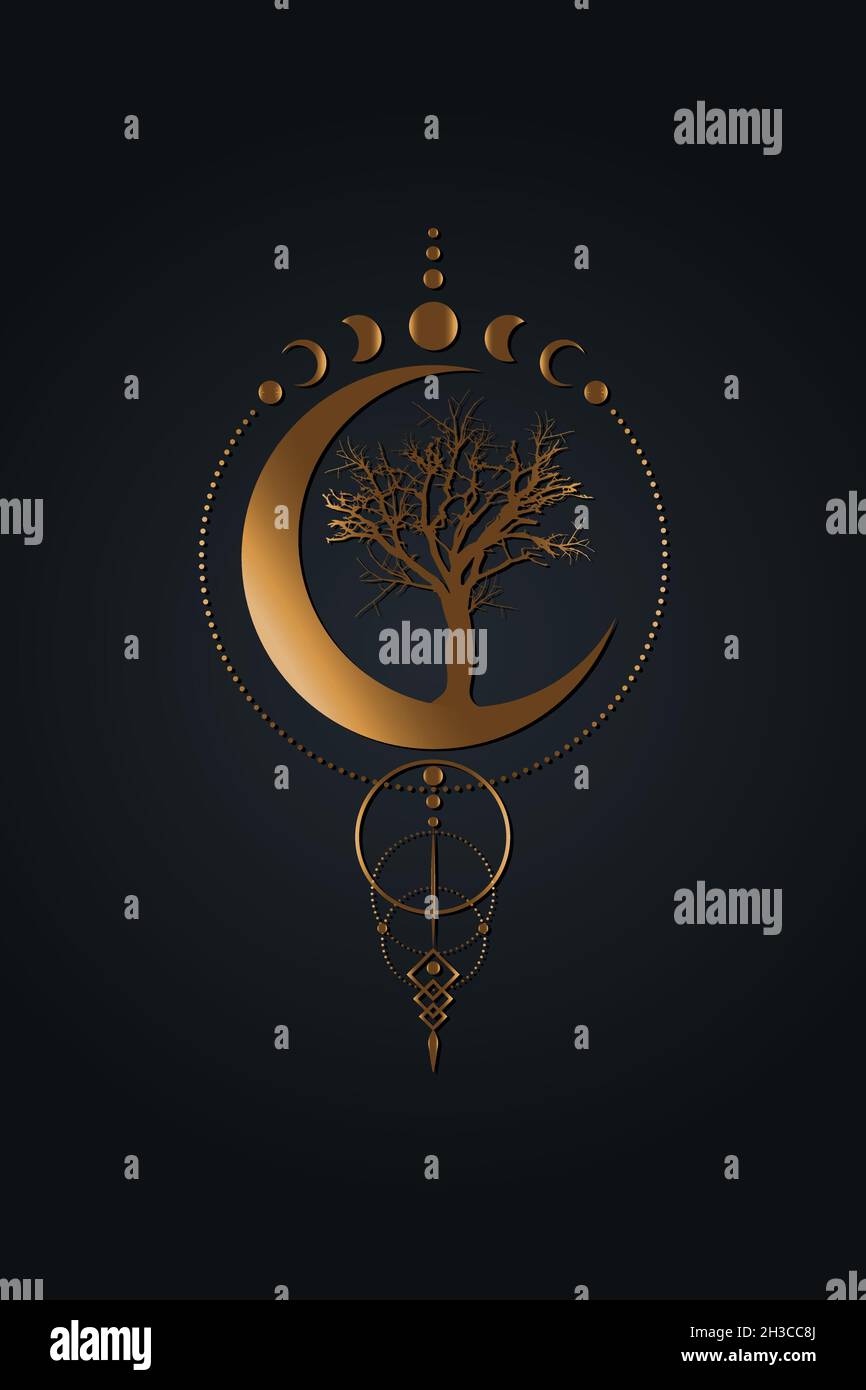 Mystische Mondphasen, Baum des Lebens, Heilige Geometrie. Dreifacher Mond, Halbmond heidnische Wiccan Göttin Symbol, altes goldenes Wicca Banner Zeichen, Energie Kreis Stock Vektor