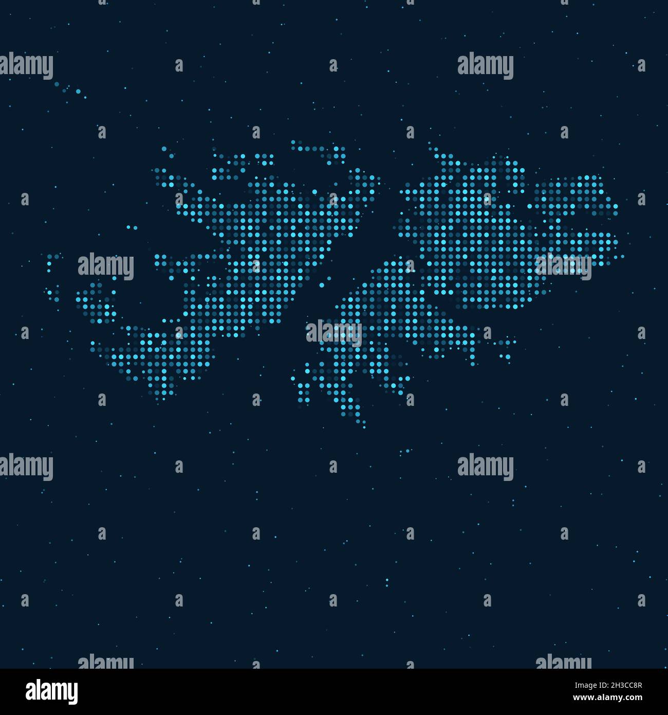 Abstrakt gepunkteter Halbton mit Sterneneffekt auf dunkelblauem Hintergrund mit Karte der Falklandinseln (Islas Malvinas). Digital gepunktete Technologie Design sp Stock Vektor
