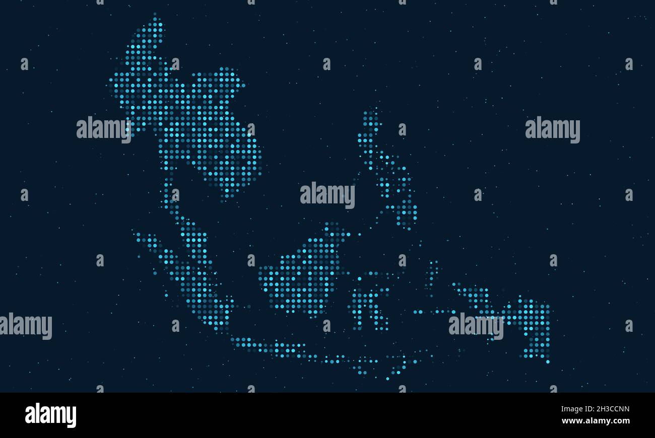 Abstrakter gepunkteter Halbton mit Sterneneffekt auf dunkelblauem Hintergrund mit Karte Südostasiens. Digitale gepunktete Technologie Design Sphäre und Struktur. Stock Vektor
