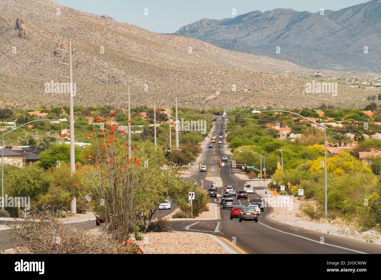 Eine lange vierspurige Vorstadtstraße am Stadtrand von Tucson, Arizona Stockfoto