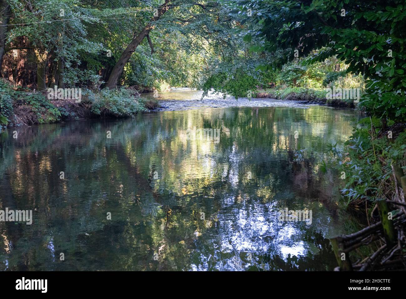 Maisemore Court und St. Giles Kirche Blick über den See im Severn Vale Dorf Maisemore, Gloucestershire UK Stockfoto