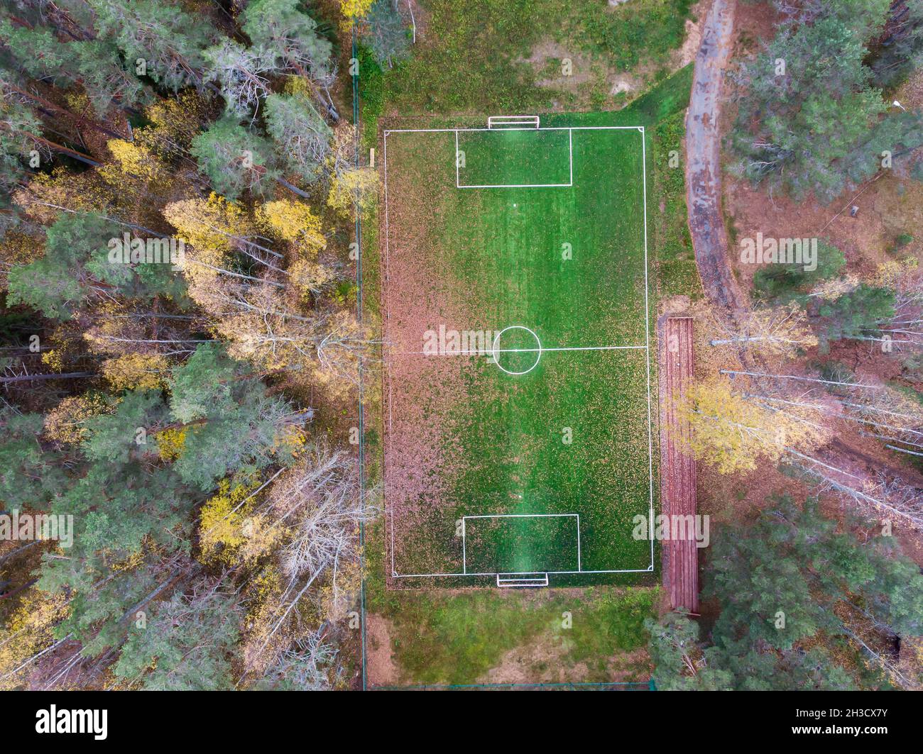 Aerial Drohne Blick auf Fußball-Fußballplatz, grünes Gras Herbst pulsierende Spielplatz mit gefallenen bunten Blättern im Wald, hidd Stockfoto
