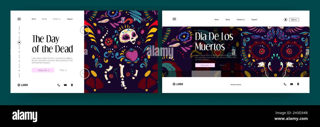 Dia de los Muertos Banner mit ausgefallener Totenkopf-Aufdruck mit Blumen, Herzen, Katzen- und Vogelskeletten. Vektor-Landing-Pages von Day of Dead in Mexiko mit Cartoon traditionellen mexikanischen Muster Stock Vektor