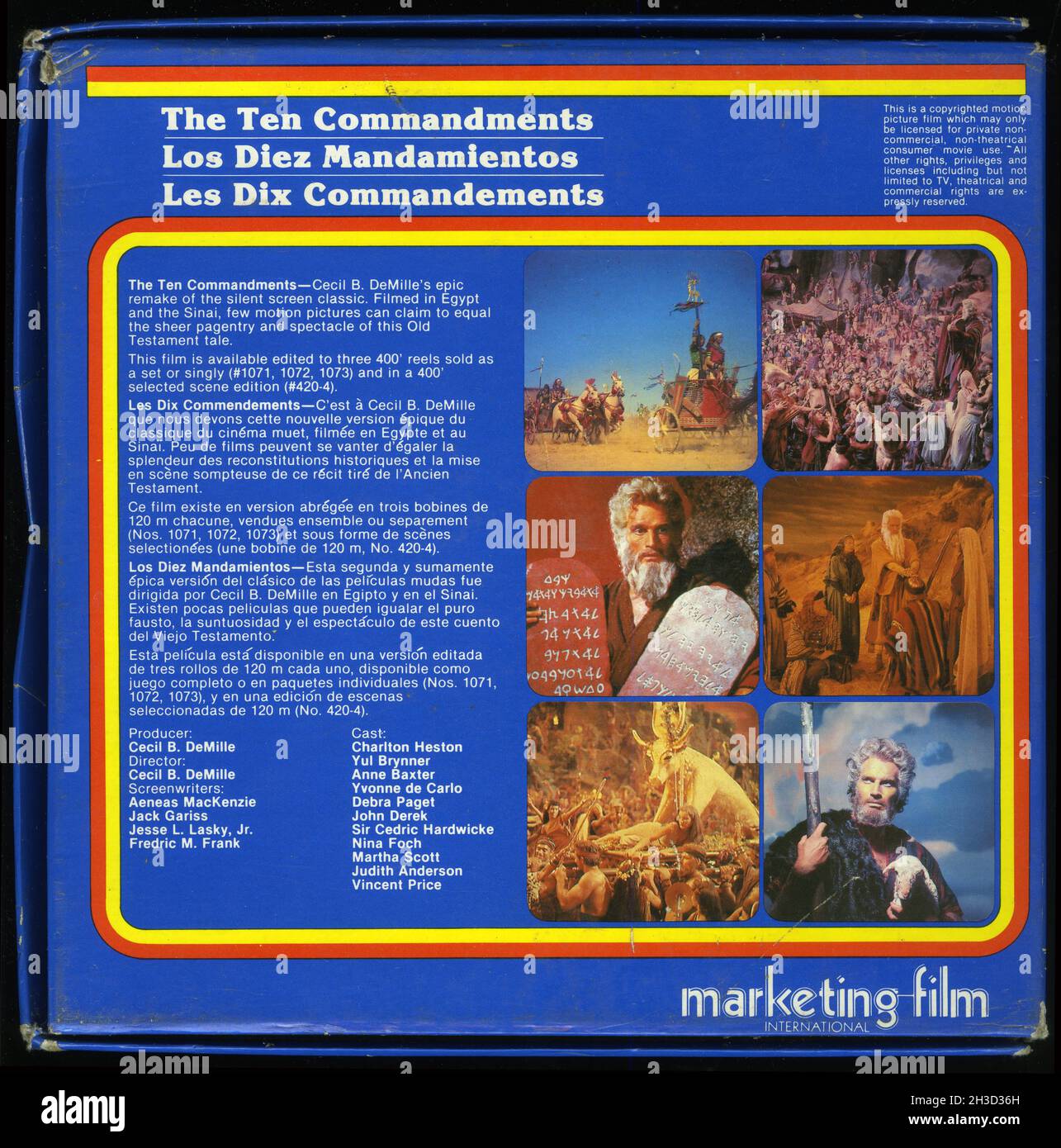 Rückcover eines Super 8 Fillms des MGM-Films The Ten Commandments von 1956 mit Charlton Heston und Yul Brynner. Stockfoto